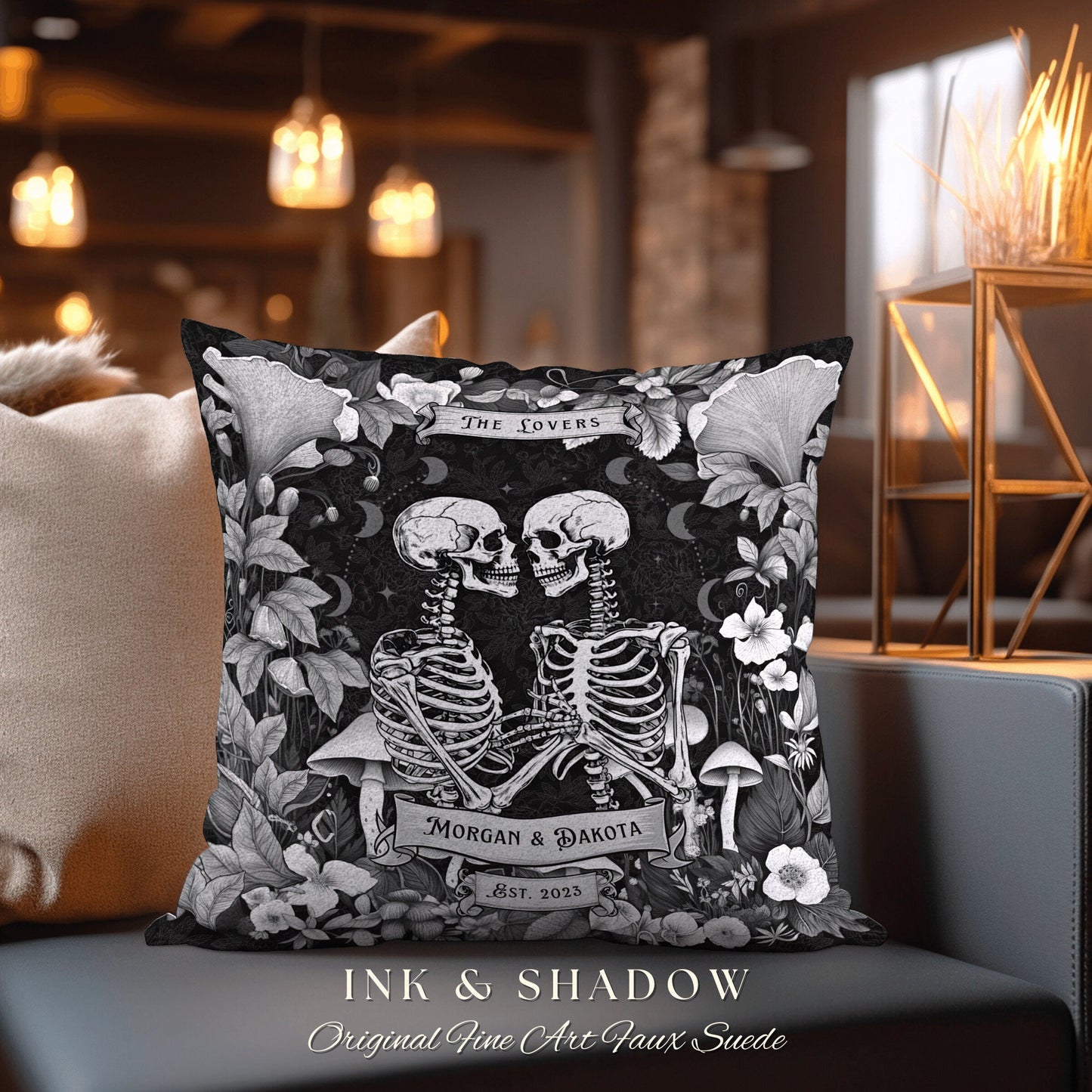 Tarot Lovers Skeleton Couple Pillow Woven | Cottagecore Decor Custom Anniversary Meaningful Gift for Couple Housewarming Gift Skeleton Lover