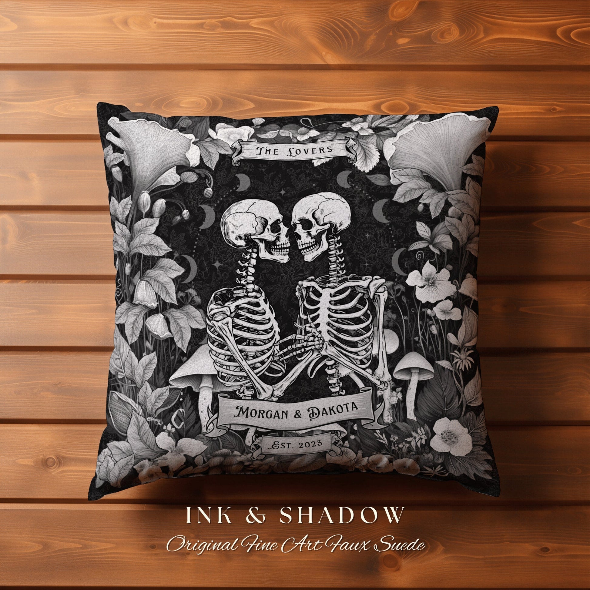 Tarot Lovers Skeleton Couple Pillow Woven | Cottagecore Decor Custom Anniversary Meaningful Gift for Couple Housewarming Gift Skeleton Lover