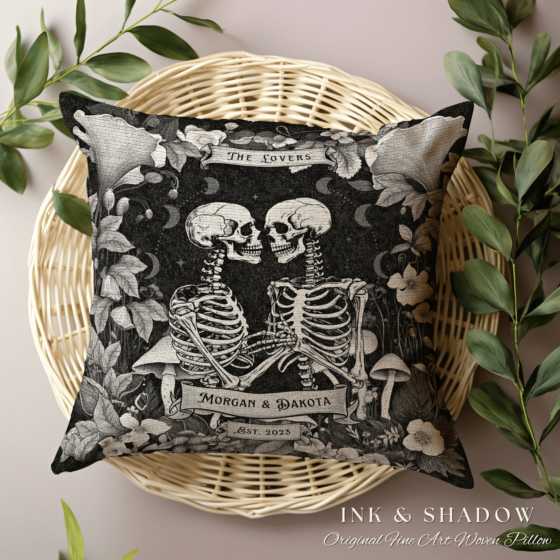 Tarot Lovers Skeleton Couple Pillow Woven | Cottagecore Decor Custom Anniversary Meaningful Gift for Couple Housewarming Gift Skeleton Lover