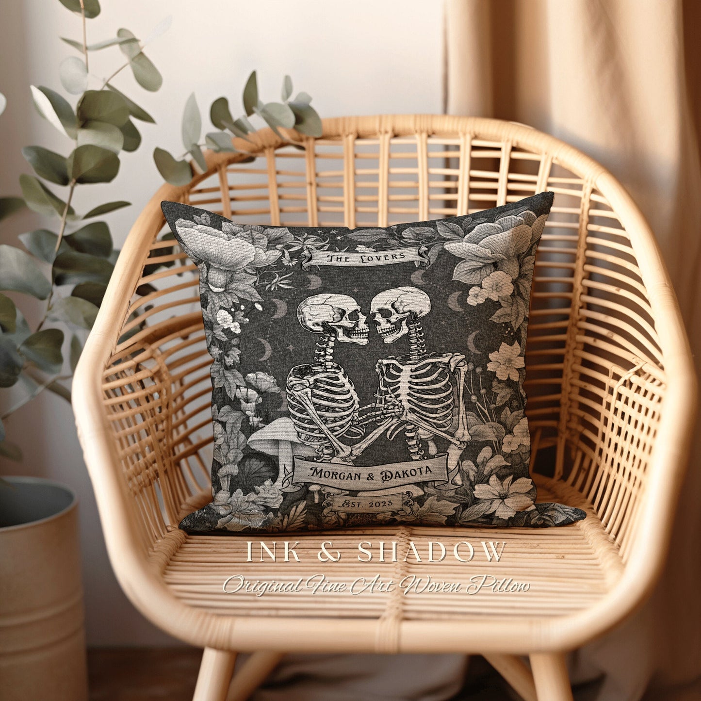 Celestial Decor Custom Woven Pillow | Gothic Decor Custom Anniversary Meaningful Gift for Couple Housewarming Gift Skeleton Lovers Tarot |