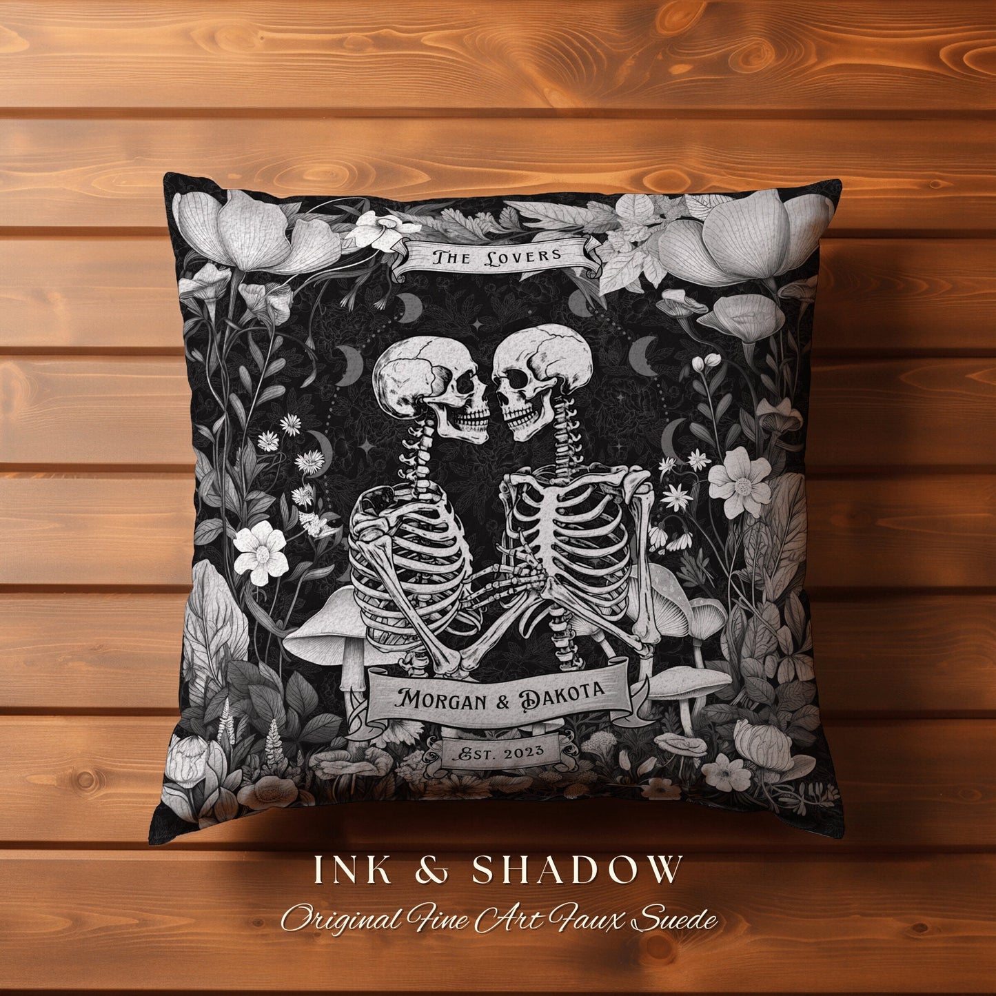 Custom Name Skeleton Pillow | Gothic Decor Custom Anniversary Meaningful Gift for Couple Housewarming Gift Skeleton Lovers Tarot Couple Gift