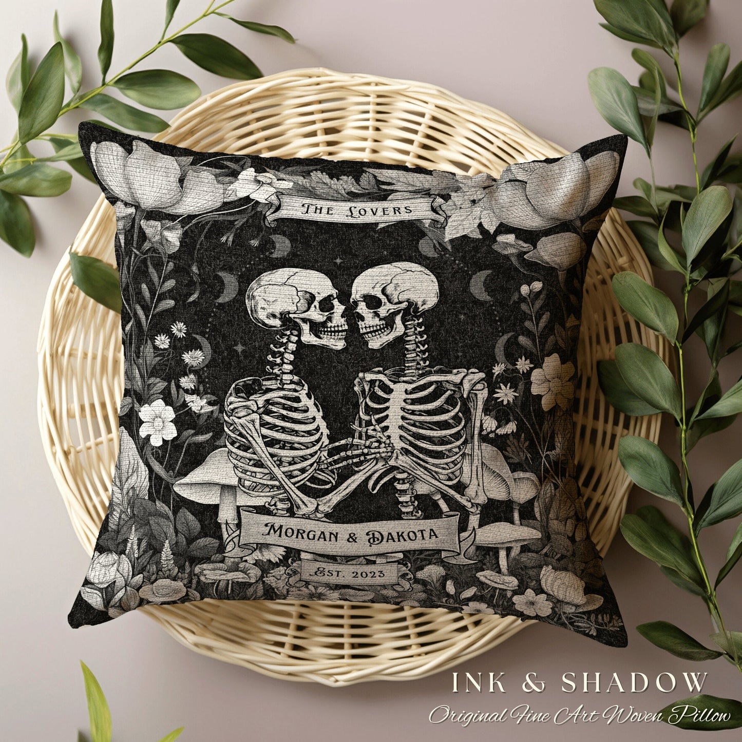 Custom Name Skeleton Pillow | Gothic Decor Custom Anniversary Meaningful Gift for Couple Housewarming Gift Skeleton Lovers Tarot Couple Gift