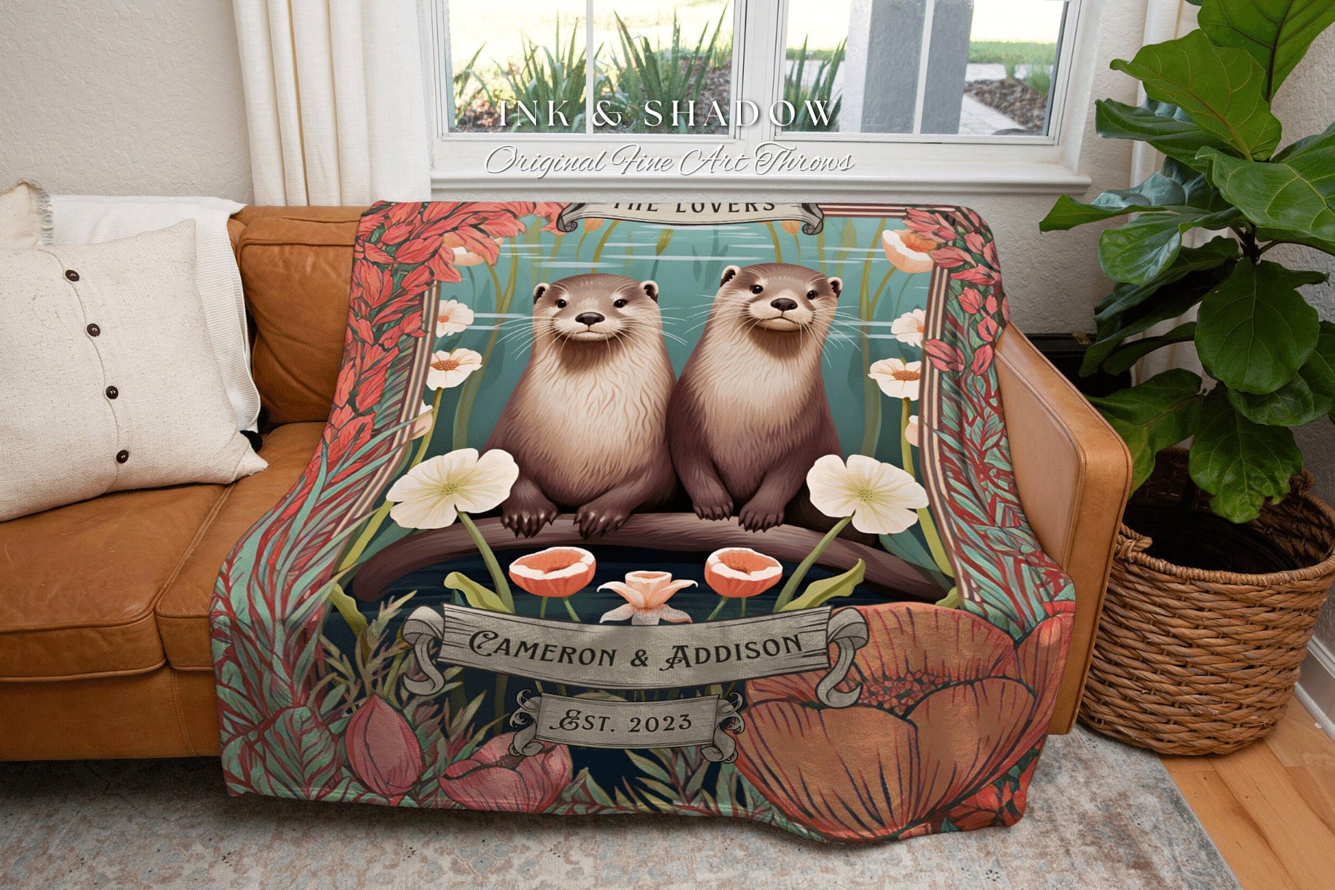 Otter Lovers Personalized Throw Blanket Custom Couple Gift for Wife Personalized Name Tapestry Newlyweds Gift 1st Year Anniversary Blanket