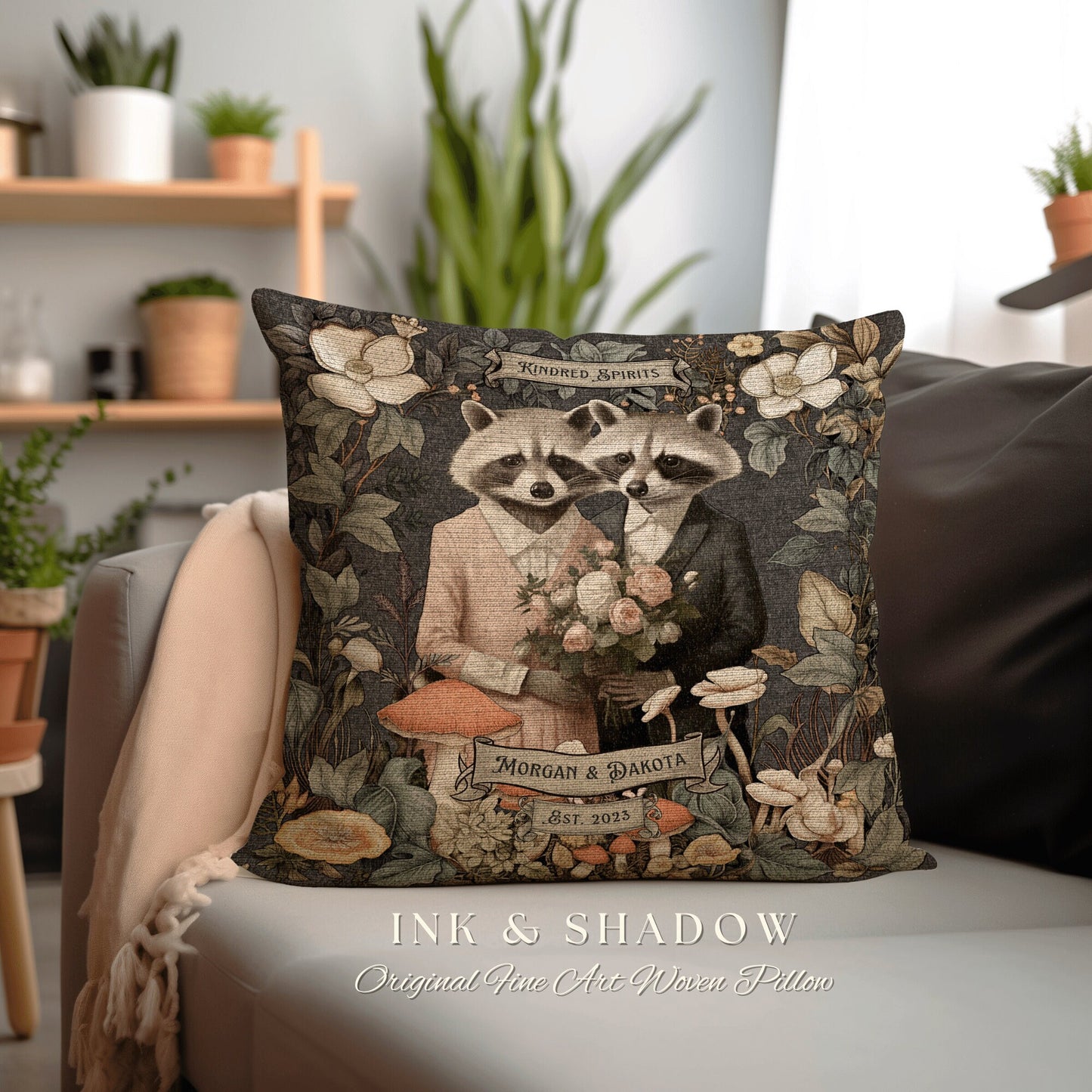 Raccoon Couple Pillow Custom Gift | Woodland Decor Custom Dating Anniversary Meaningful Couple Gift Housewarming Pillow Woven Custom Couple