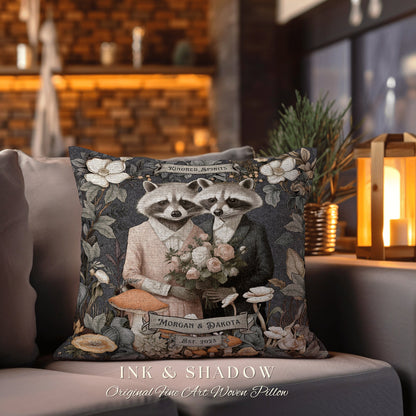 Raccoon Couple Pillow Custom Gift | Woodland Decor Custom Dating Anniversary Meaningful Couple Gift Housewarming Pillow Woven Custom Couple