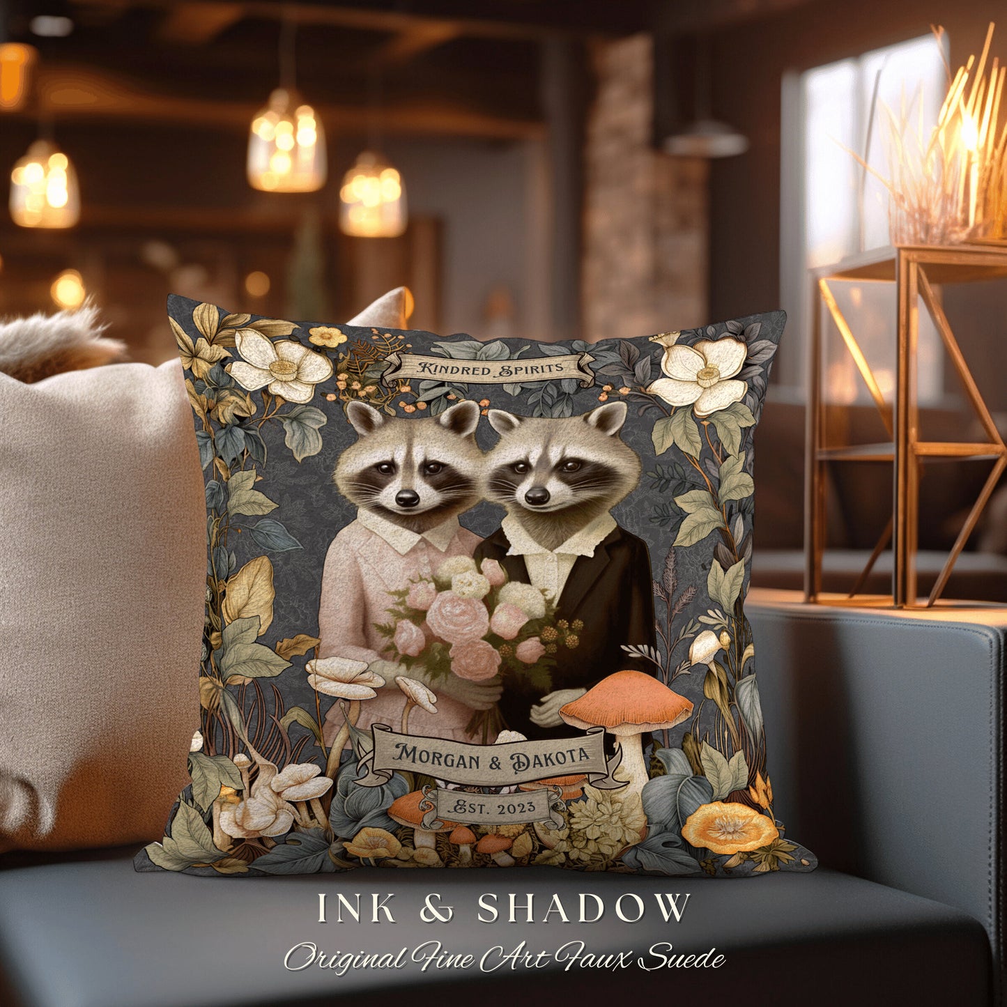 Wedding Gift Personalized Pillow | Cottagecore Decor Custom Dating Anniversary Meaningful Couple Gift Housewarming Pillow Raccoon Couple |