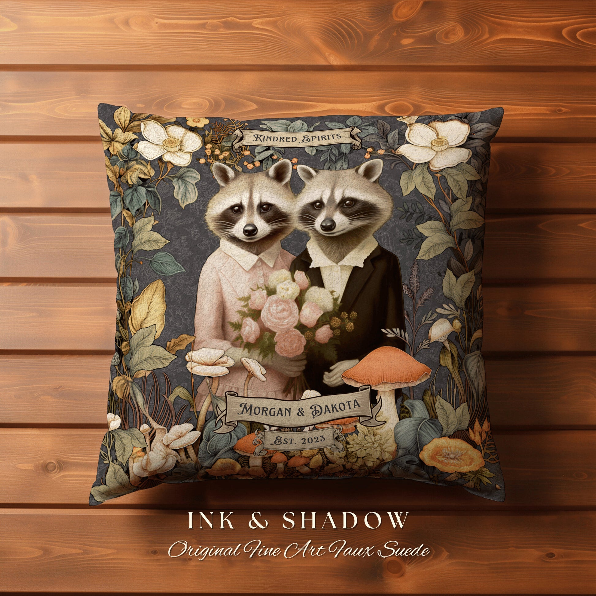 Wedding Gift Personalized Pillow | Cottagecore Decor Custom Dating Anniversary Meaningful Couple Gift Housewarming Pillow Raccoon Couple |