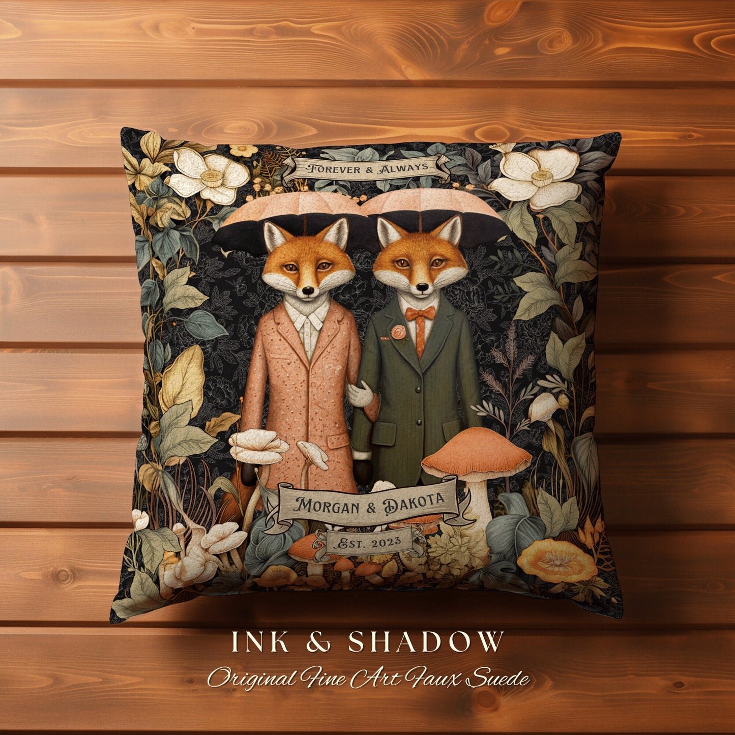 Fox Couple Pillow Custom Name Gift | Woodland Decor Custom Dating Anniversary Meaningful Gift Housewarming Pillow Cottagecore Fox Couple |