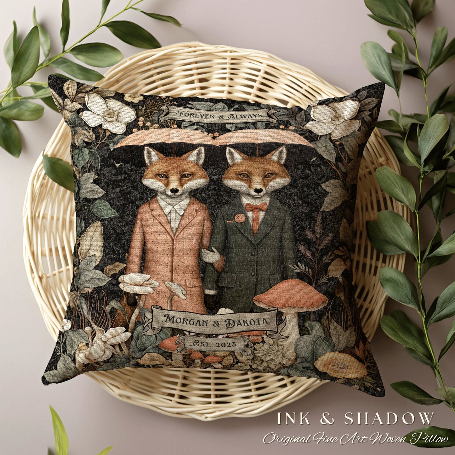 Fox Couple Pillow Custom Name Gift | Woodland Decor Custom Dating Anniversary Meaningful Gift Housewarming Pillow Cottagecore Fox Couple |