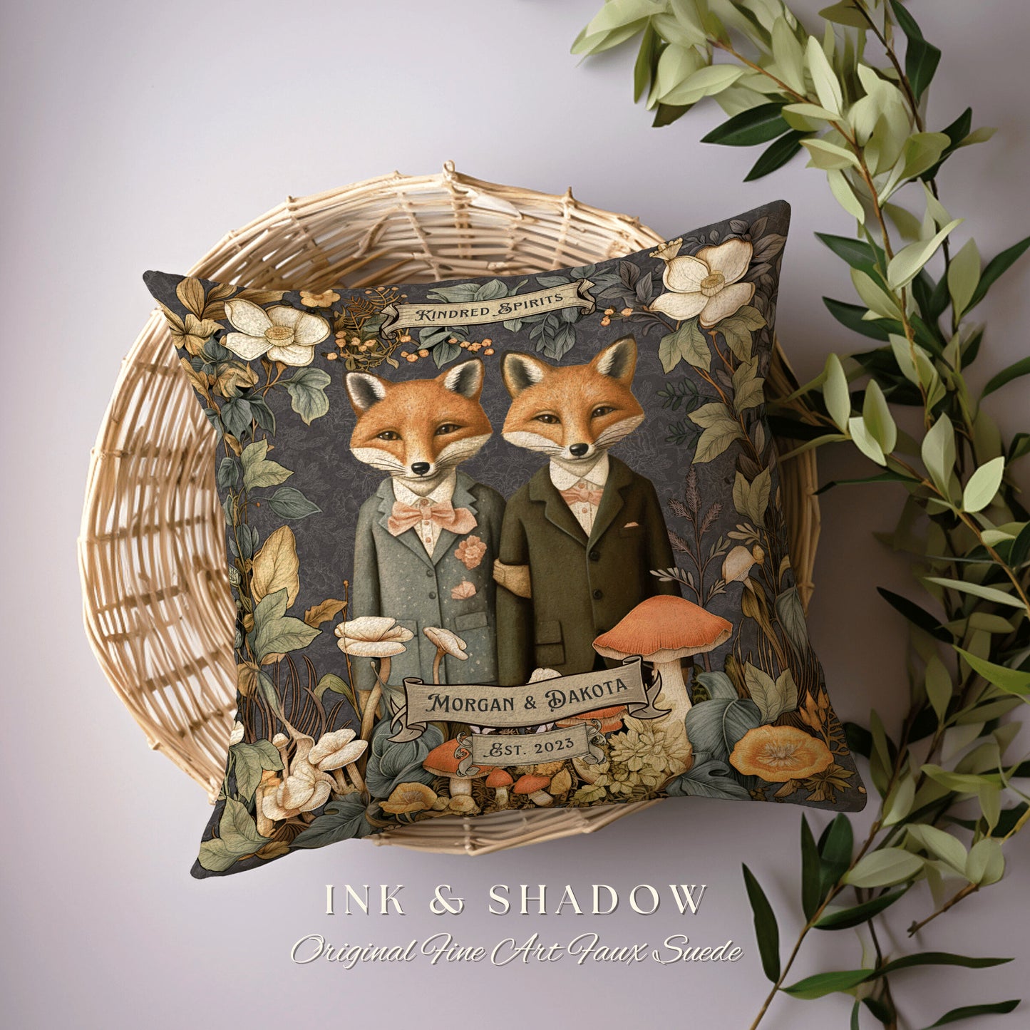 Couple Pillow Custom Housewarming Gift | Woodland Decor Custom Dating Anniversary Meaningful Gift Housewarming Pillow Cottagecore Fox Couple