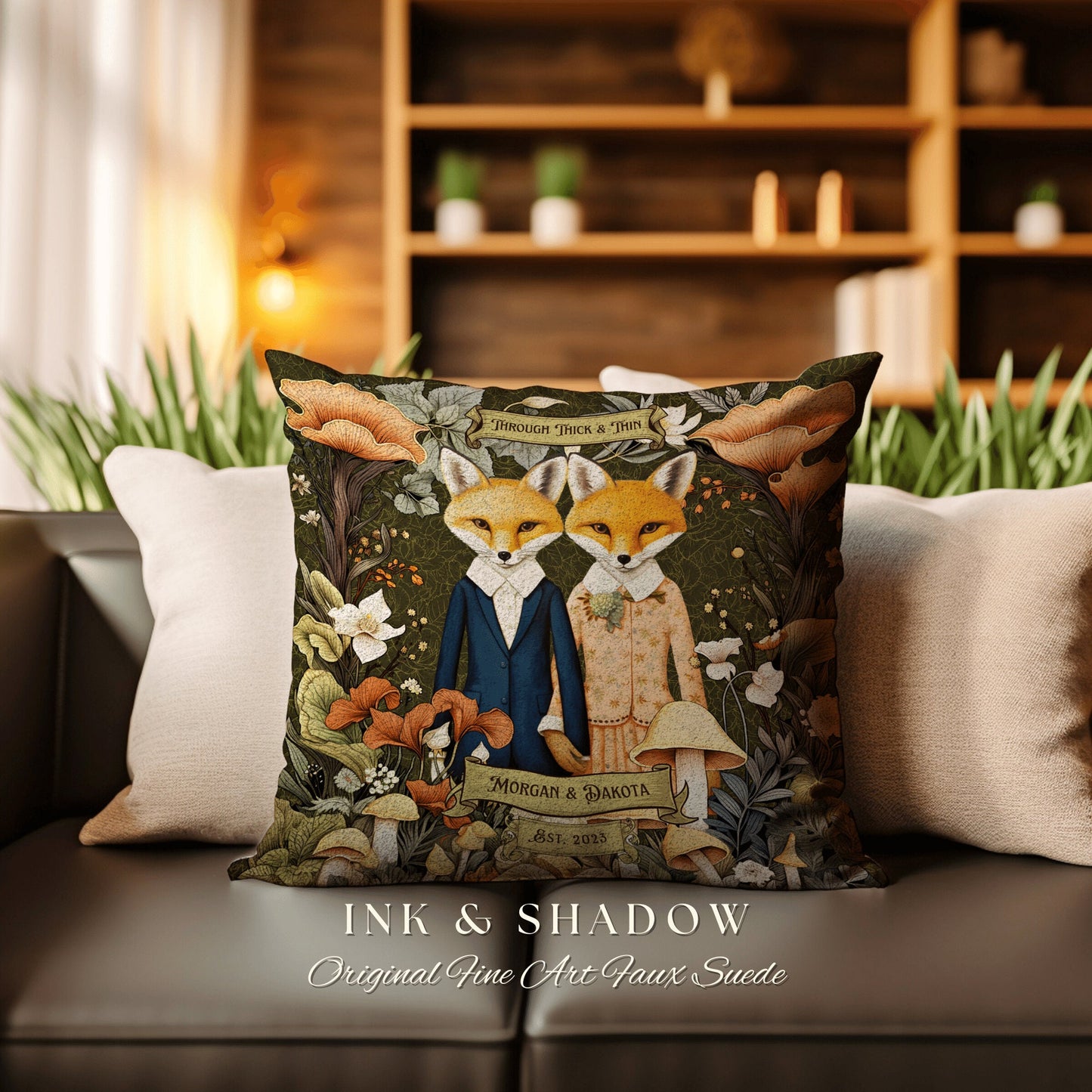 Decorative Throw Pillow Personalized | Woodland Decor Custom Dating Anniversary Meaningful Gift Housewarming Pillow Cottagecore Fox Couple |