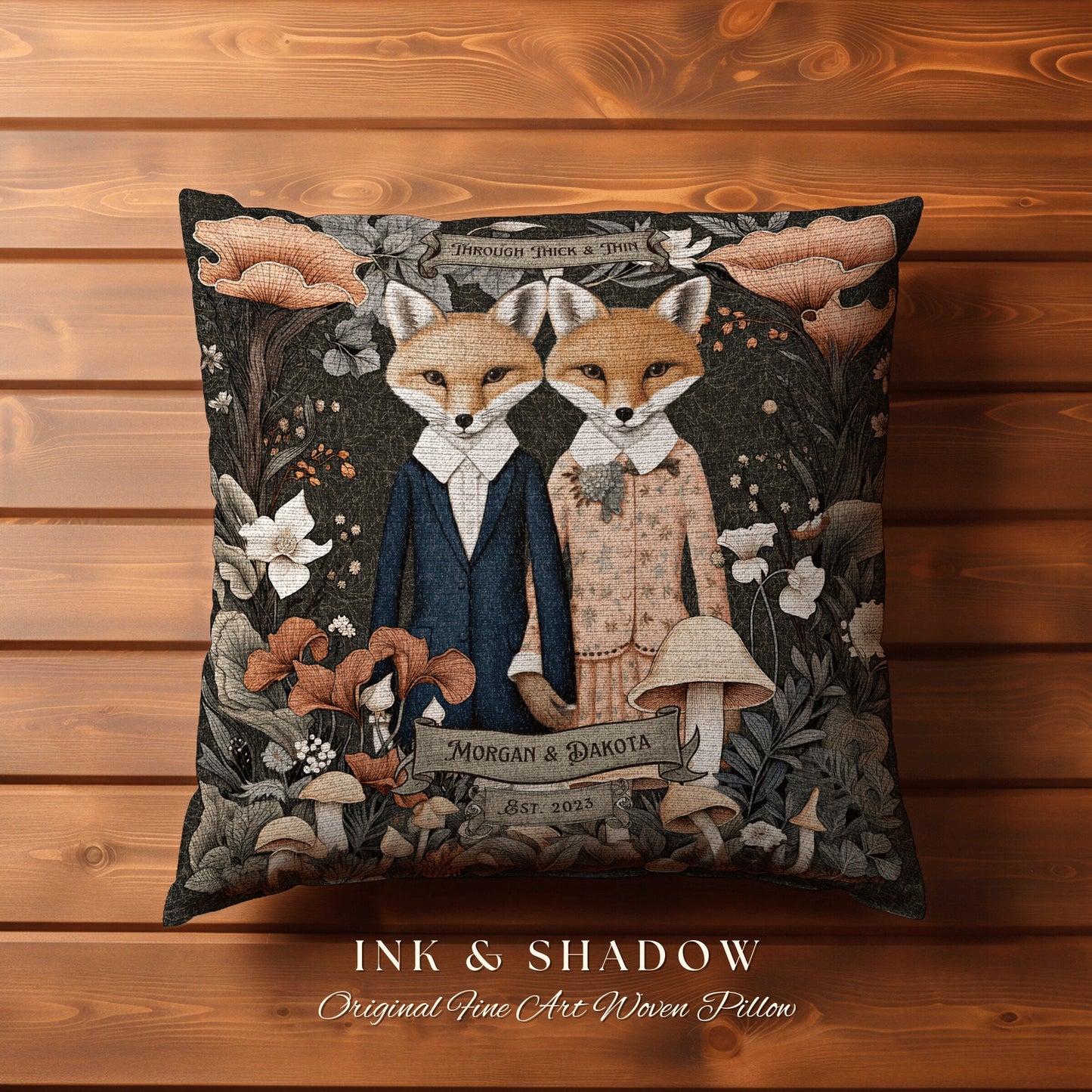 Decorative Throw Pillow Personalized | Woodland Decor Custom Dating Anniversary Meaningful Gift Housewarming Pillow Cottagecore Fox Couple |