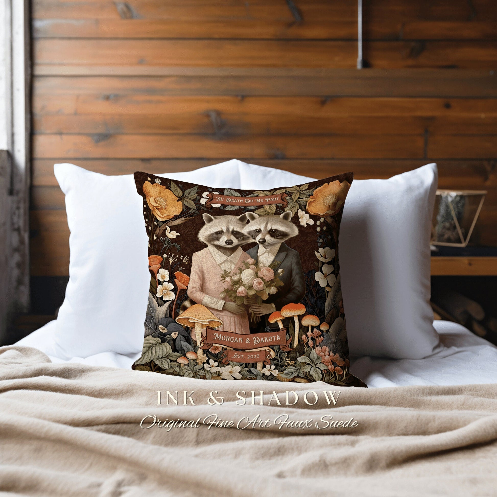 Woodland Raccoon Throw Pillow Custom | Rustic Decor Custom Dating Anniversary Meaningful Gift Housewarming Pillow Cottagecore Raccoon Couple