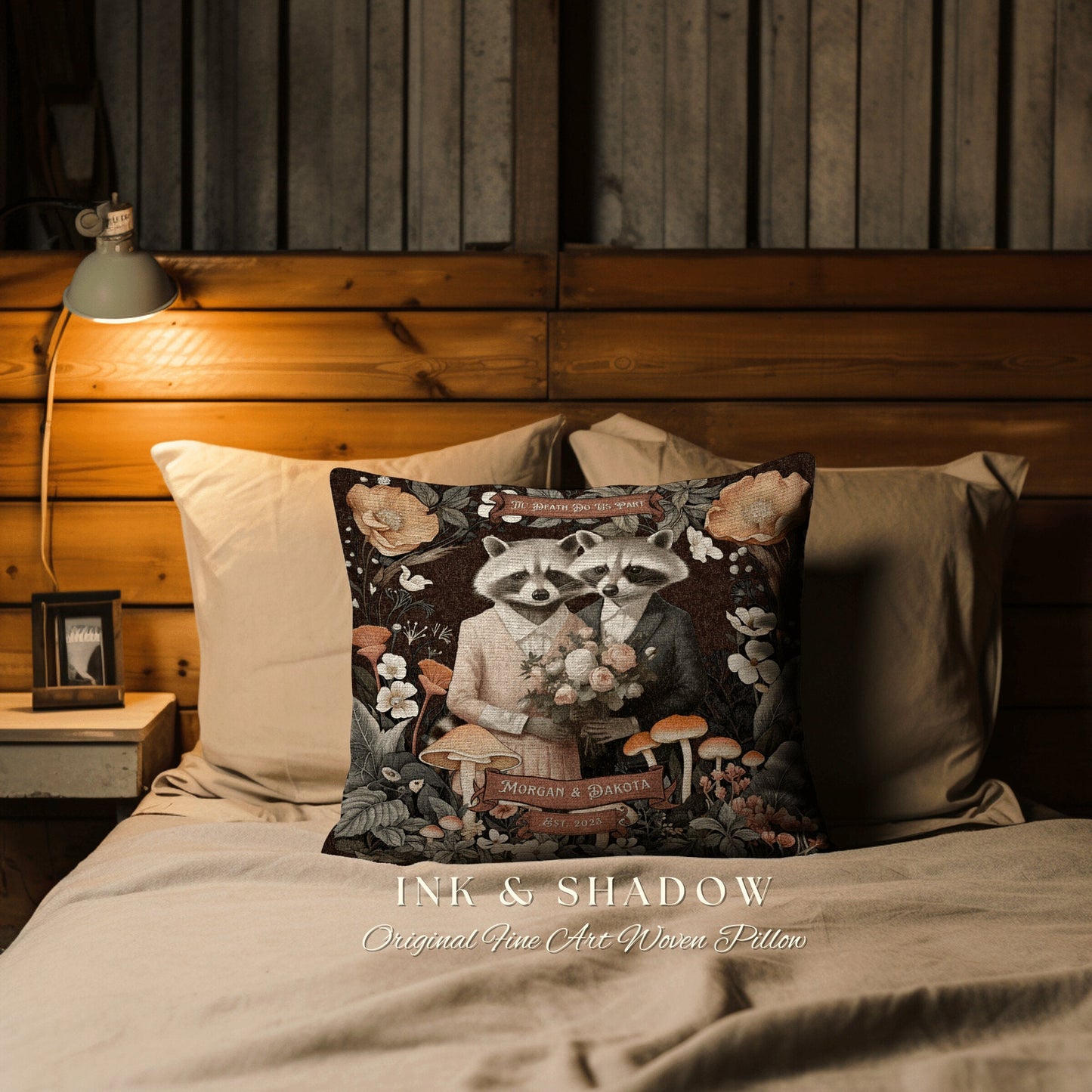 Woodland Raccoon Throw Pillow Custom | Rustic Decor Custom Dating Anniversary Meaningful Gift Housewarming Pillow Cottagecore Raccoon Couple