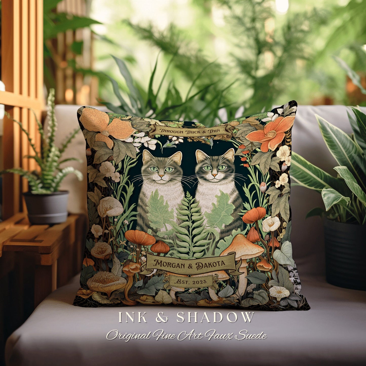 Botanical Cat Pillow Custom | Woven Throw Pillow Personalized Couple Gift Dating Anniversary Custom Last Name Gift Cat Lovers Throw Pillow |