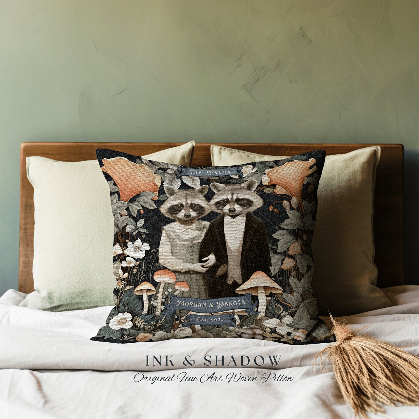 His & Hers Personalized Couple Pillow | Woodland Decor Custom Dating Anniversary Meaningful Couple Gift Housewarming Pillow Raccoon Couple |