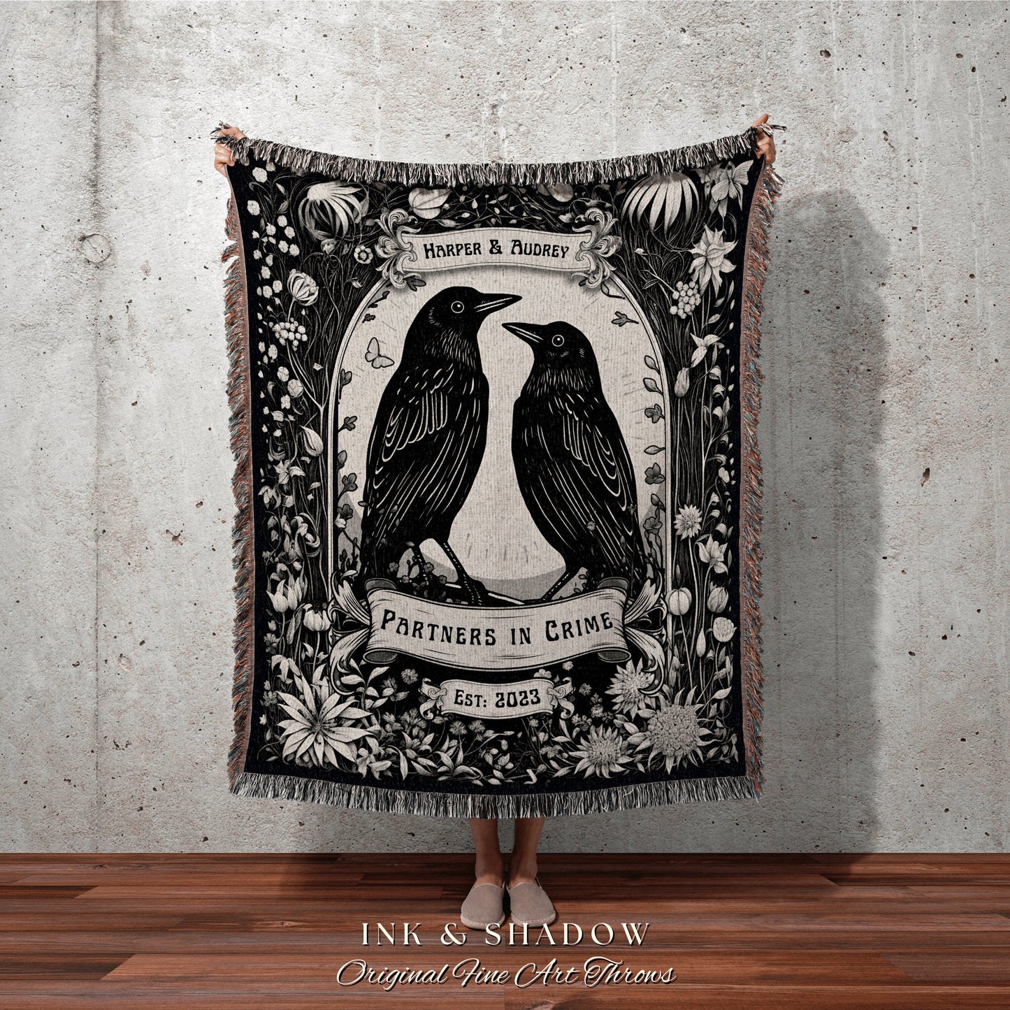 I Love You Gift Custom Woven Blanket | Custom Goth Couple Gift 'Partners in Crime' Tapestry Personalized Name Blanket Anniversary Gift Goth