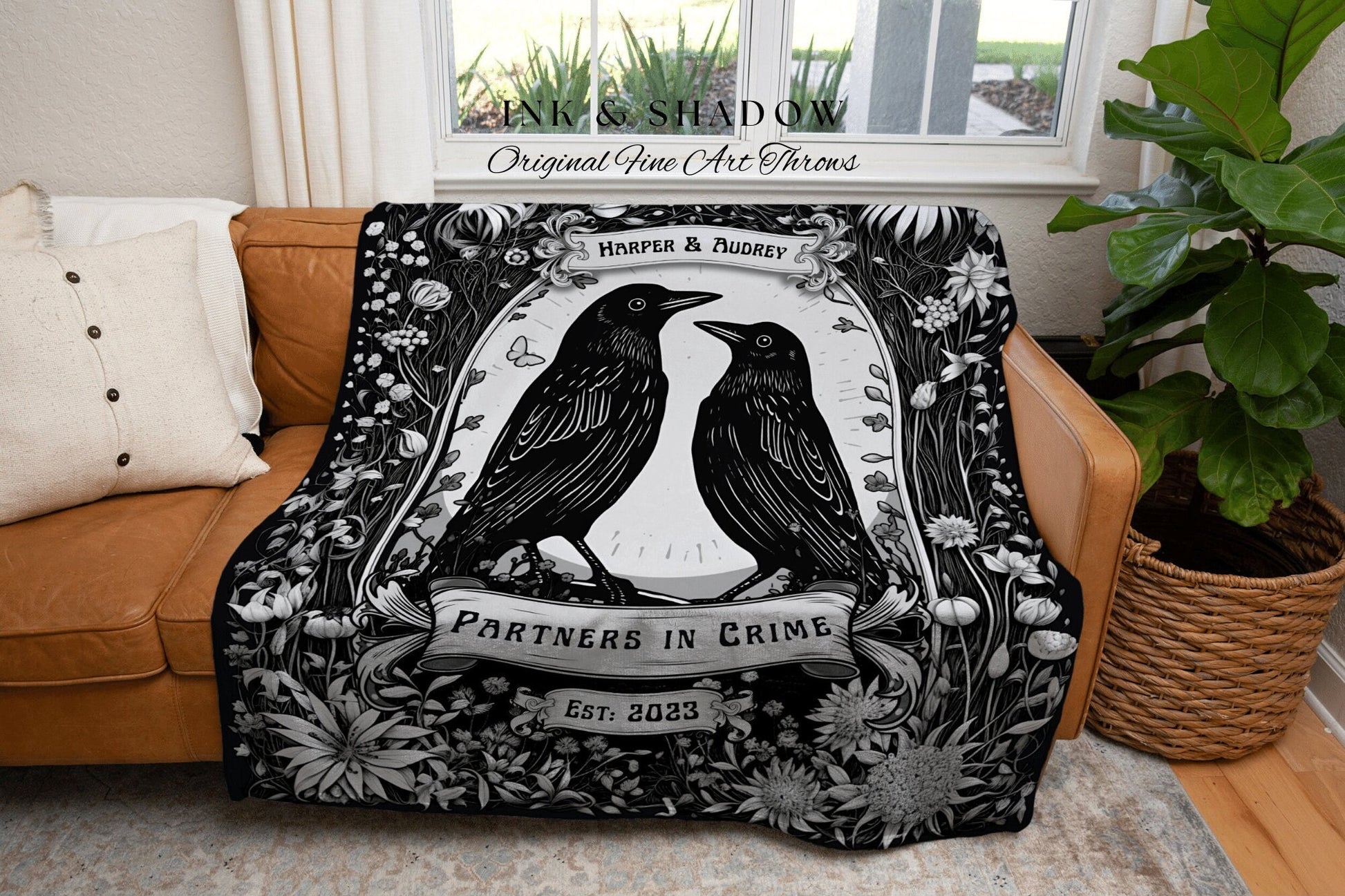 I Love You Gift Custom Woven Blanket | Custom Goth Couple Gift 'Partners in Crime' Tapestry Personalized Name Blanket Anniversary Gift Goth