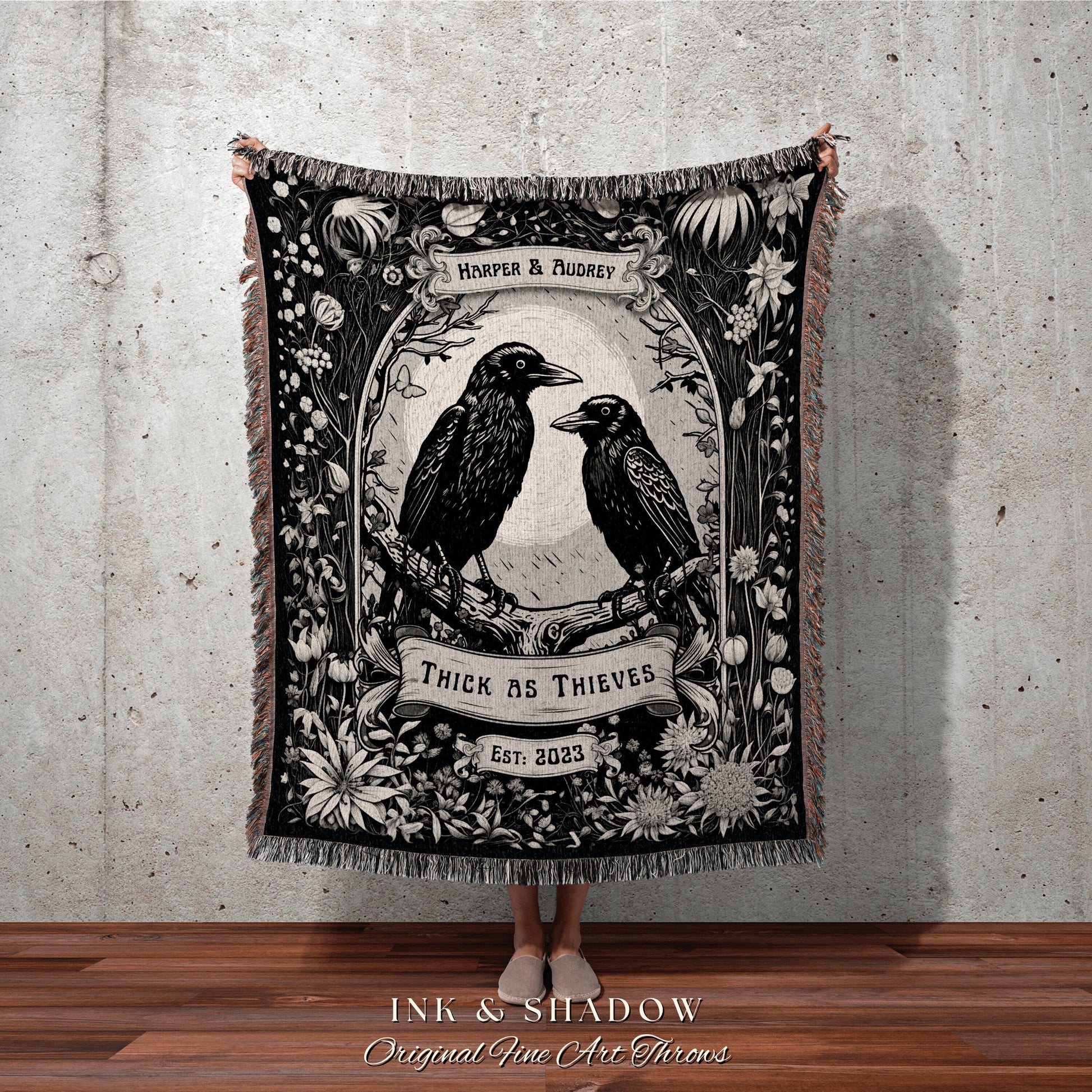 Raven Couple Custom Woven Blanket | Custom Goth Couple Gift 'Partners in Crime' Tapestry Personalized Name Blanket Anniversary Gift Gothic |