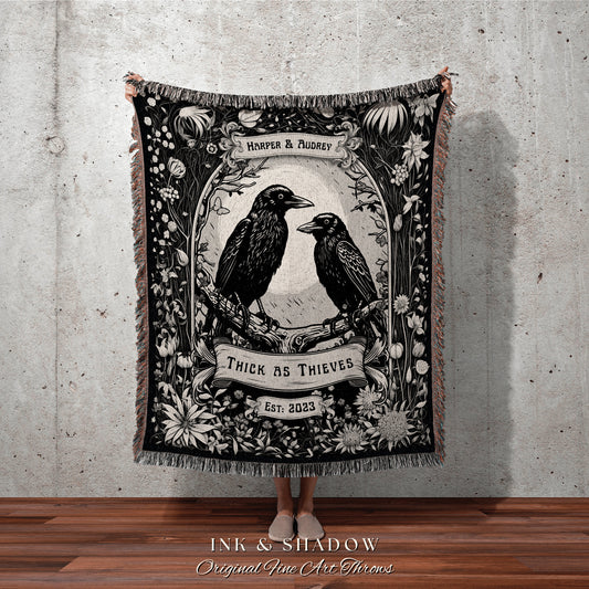 Raven Couple Custom Woven Blanket | Custom Goth Couple Gift 'Partners in Crime' Tapestry Personalized Name Blanket Anniversary Gift Gothic |