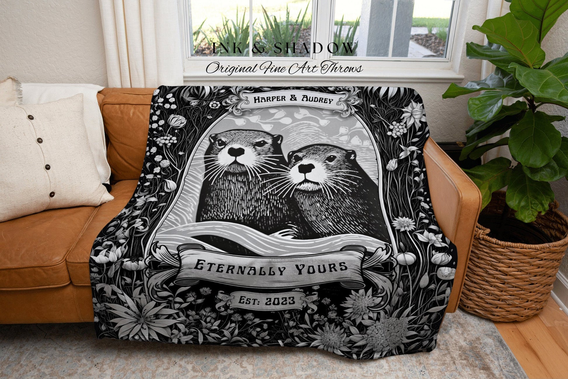 Otter Couple Custom Blanket Personalized Anniversary Gifts Custom Name Tapestry Otter Lovers Blanket Dark Cottagecore Wedding Woven Throw