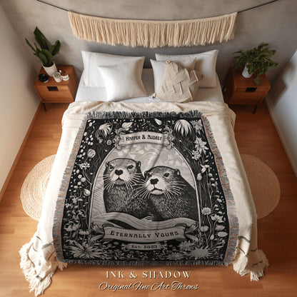 Otter Couple Custom Blanket Personalized Anniversary Gifts Custom Name Tapestry Otter Lovers Blanket Dark Cottagecore Wedding Woven Throw