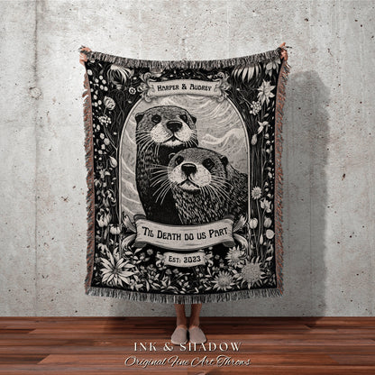 Otter Lovers Custom Throw Blanket Crushed Velvet Personalized Anniversary Gift Custom Name Tapestry Otter Couple Blanket Dark Cottagecore