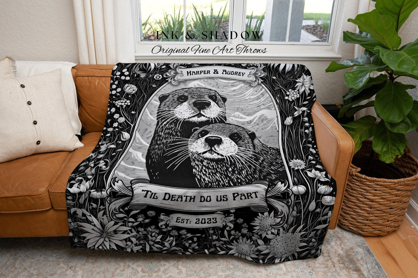 Otter Lovers Custom Throw Blanket Crushed Velvet Personalized Anniversary Gift Custom Name Tapestry Otter Couple Blanket Dark Cottagecore