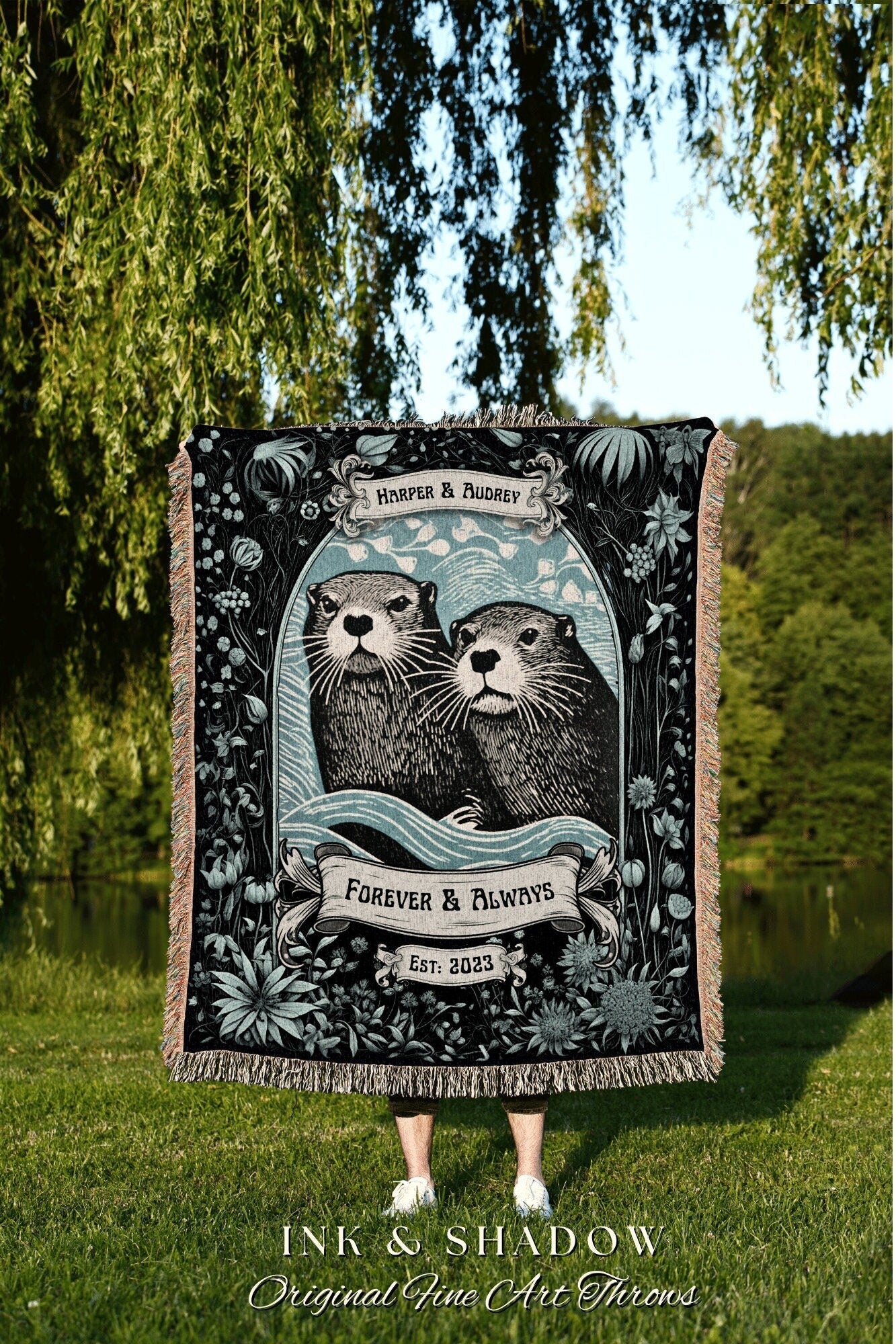 Otterly in Love Couples Blanket Woven | Name Tapestry Personalized Anniversary Gift Cotton Anniversary Blanket 'You're my Otter Half' Throw