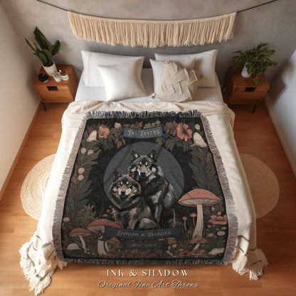 Woodland Wolf Blanket Custom Outdoorsy Anniversary Gift Personalized Blanket Cottagecore Wedding Unique Couple Gifts Wolf Pillow & Throw Set