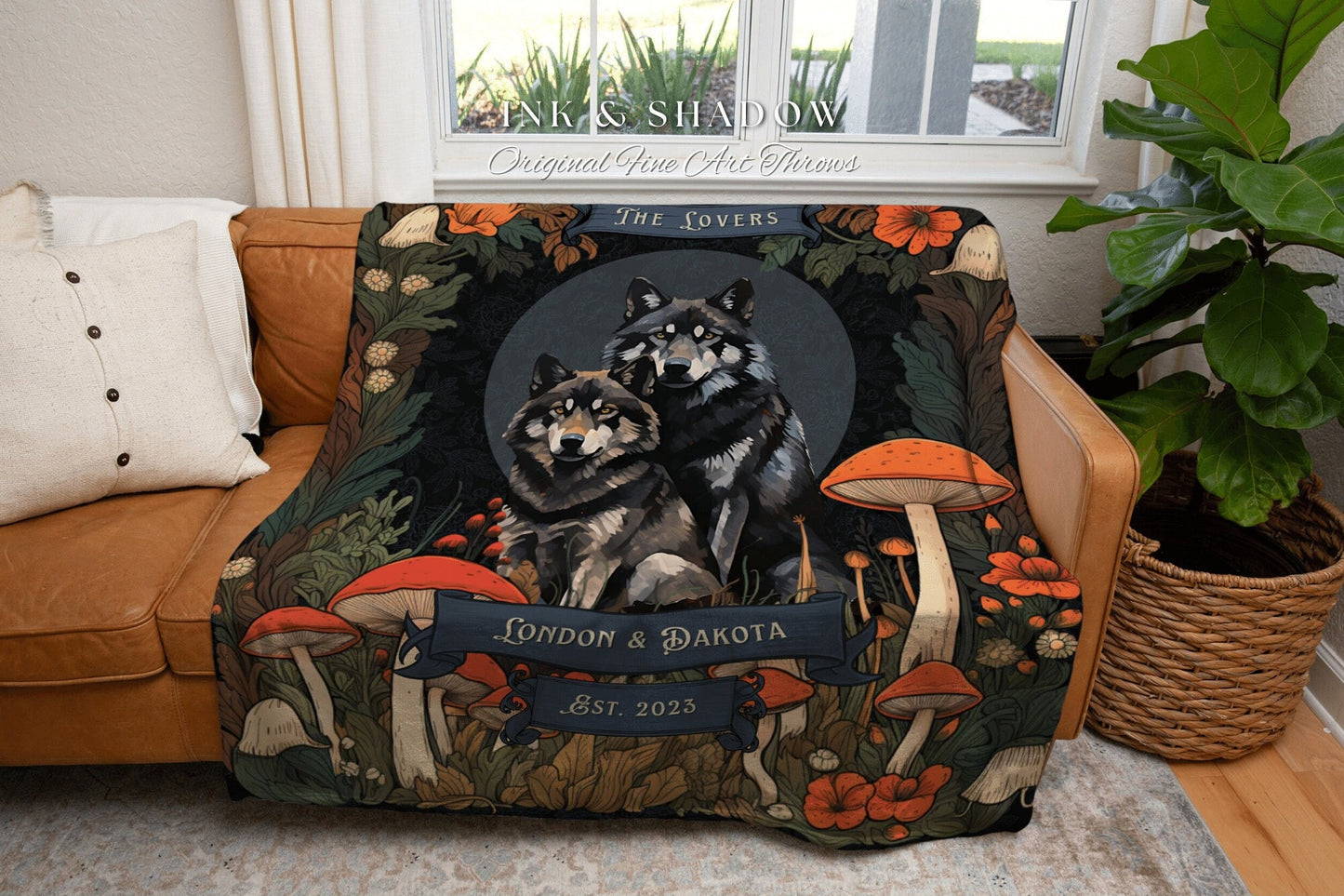 Woodland Wolf Blanket Custom Outdoorsy Anniversary Gift Personalized Blanket Cottagecore Wedding Unique Couple Gifts Wolf Pillow & Throw Set