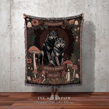 Woodland Wolf Couple Blanket Outdoorsy Couple Anniversary Gift Personalized Best Friend Blanket Dark Botanical Cottagecore Boho Tapestry