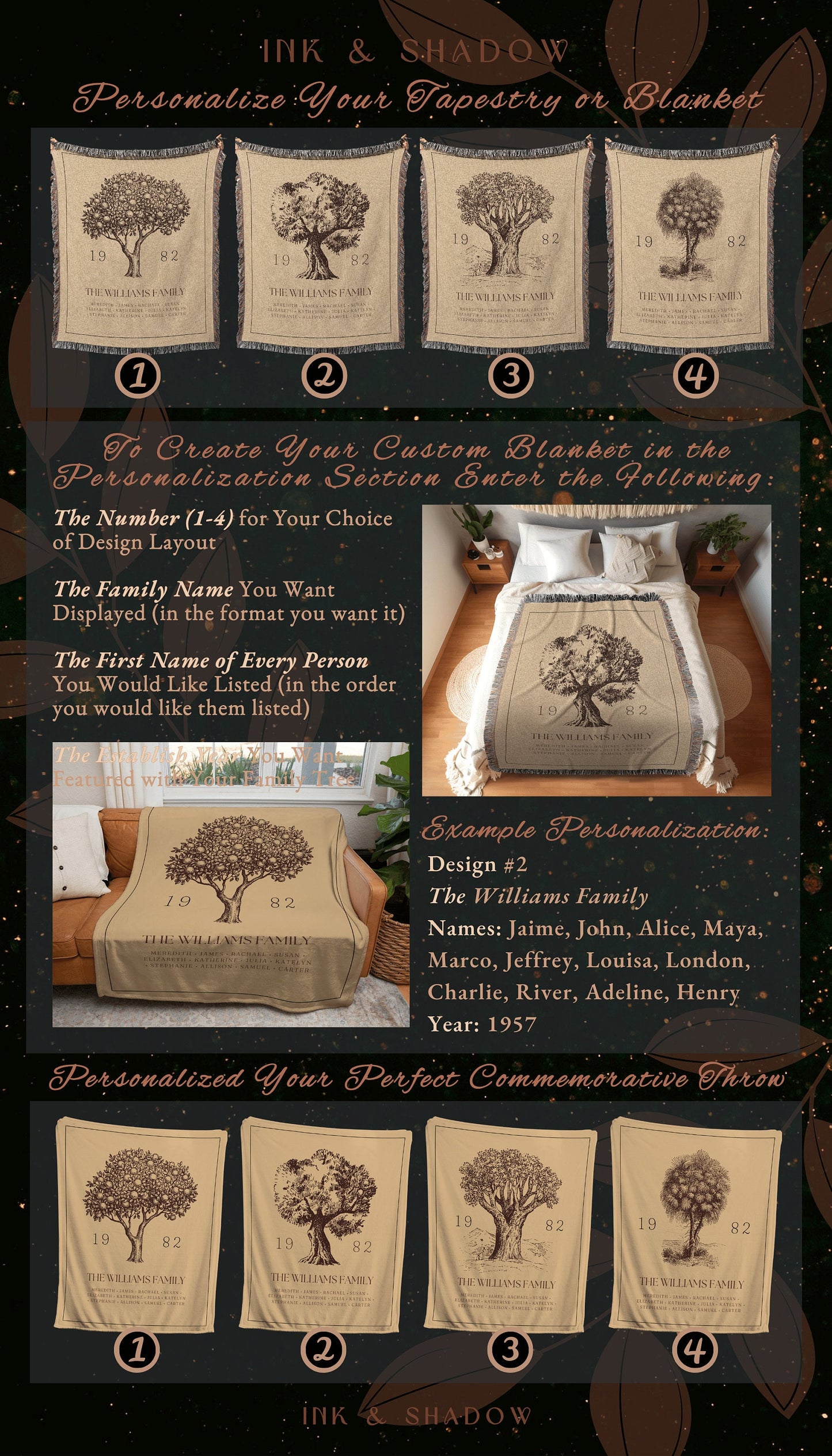 Personalized Family Tree Blanket Woven Tapestry | Family Tree Wall Art Blanket Custom Family Gift | Sentimental Gift for Mom Personalized |