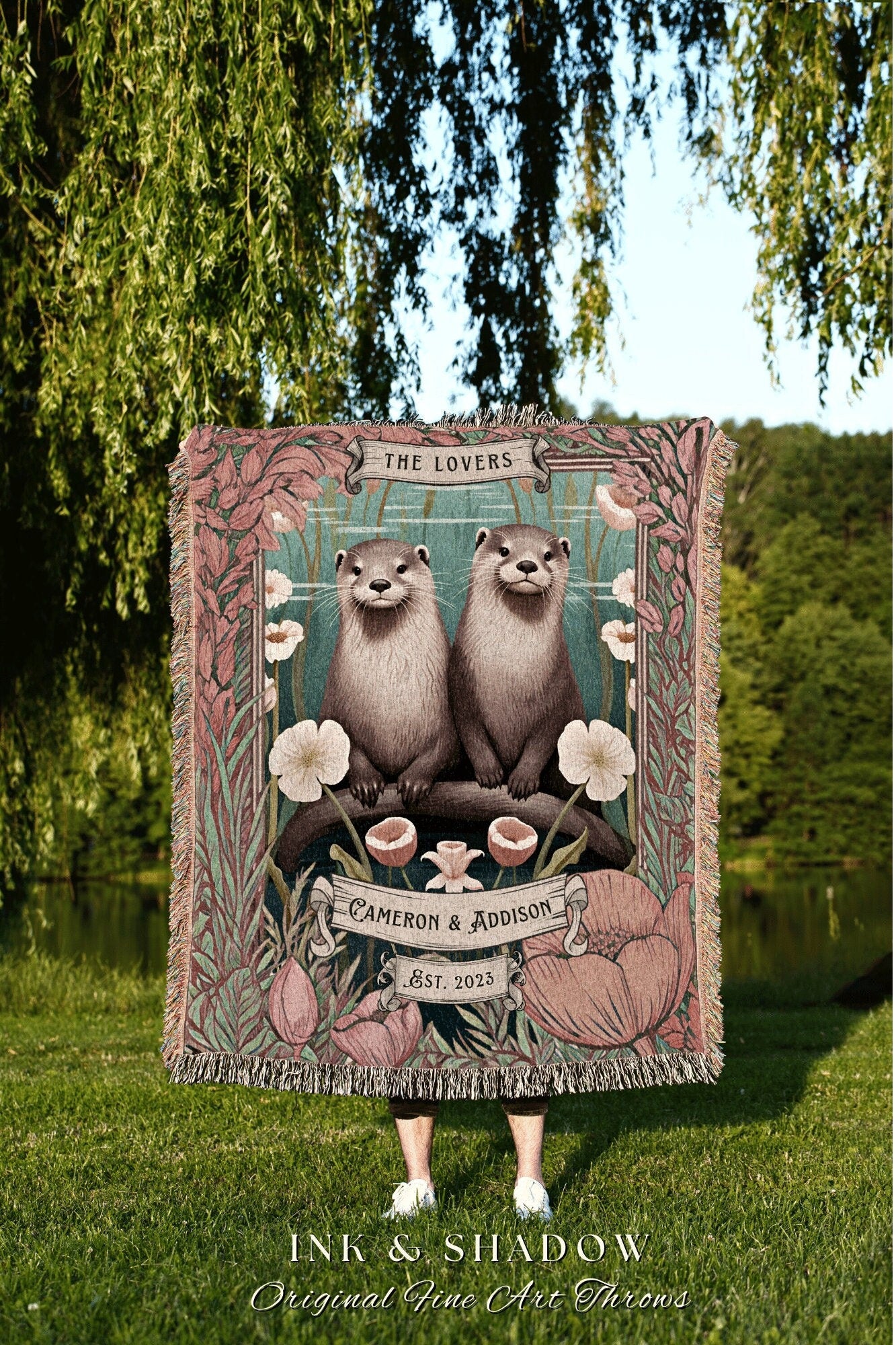 Otter Lovers Personalized Throw Blanket Custom Couple Gift for Wife Personalized Name Tapestry Newlyweds Gift 1st Year Anniversary Blanket