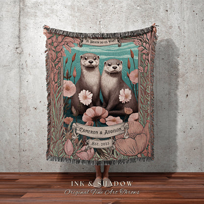 Otter Lovers Custom Blanket Crushed Velvet Personalized Anniversary Gift for Couple Otter Couple Name Tapestry Cottagecore Wedding Blanket