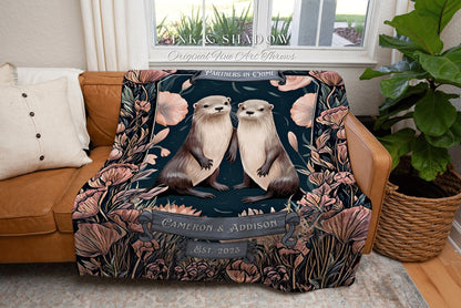 Custom Otter Lover Couple Blanket Woven Name Tapestry Personalized Anniversary Gift Cotton Anniversary Cottagecore Wedding Gift For Couple