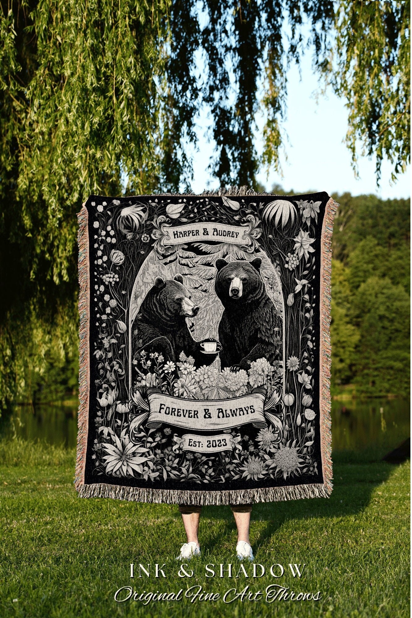 Woodland Wedding Couples Blanket | Anniversary Custom Bear Couple Woven Throw Cute Bear Blanket Outdoorsy Couple Anniversary Gift Custom |