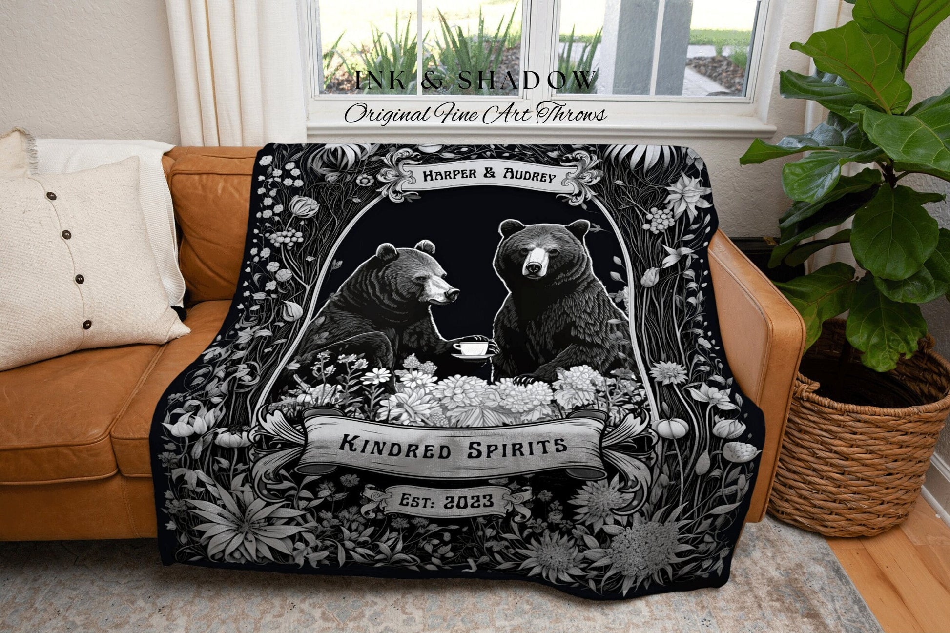 Kindred Spirits Custom Name Blanket | Anniversary Custom Bear Couple Woven Throw Cute Bear Blanket Outdoorsy Couple Anniversary Gift Custom