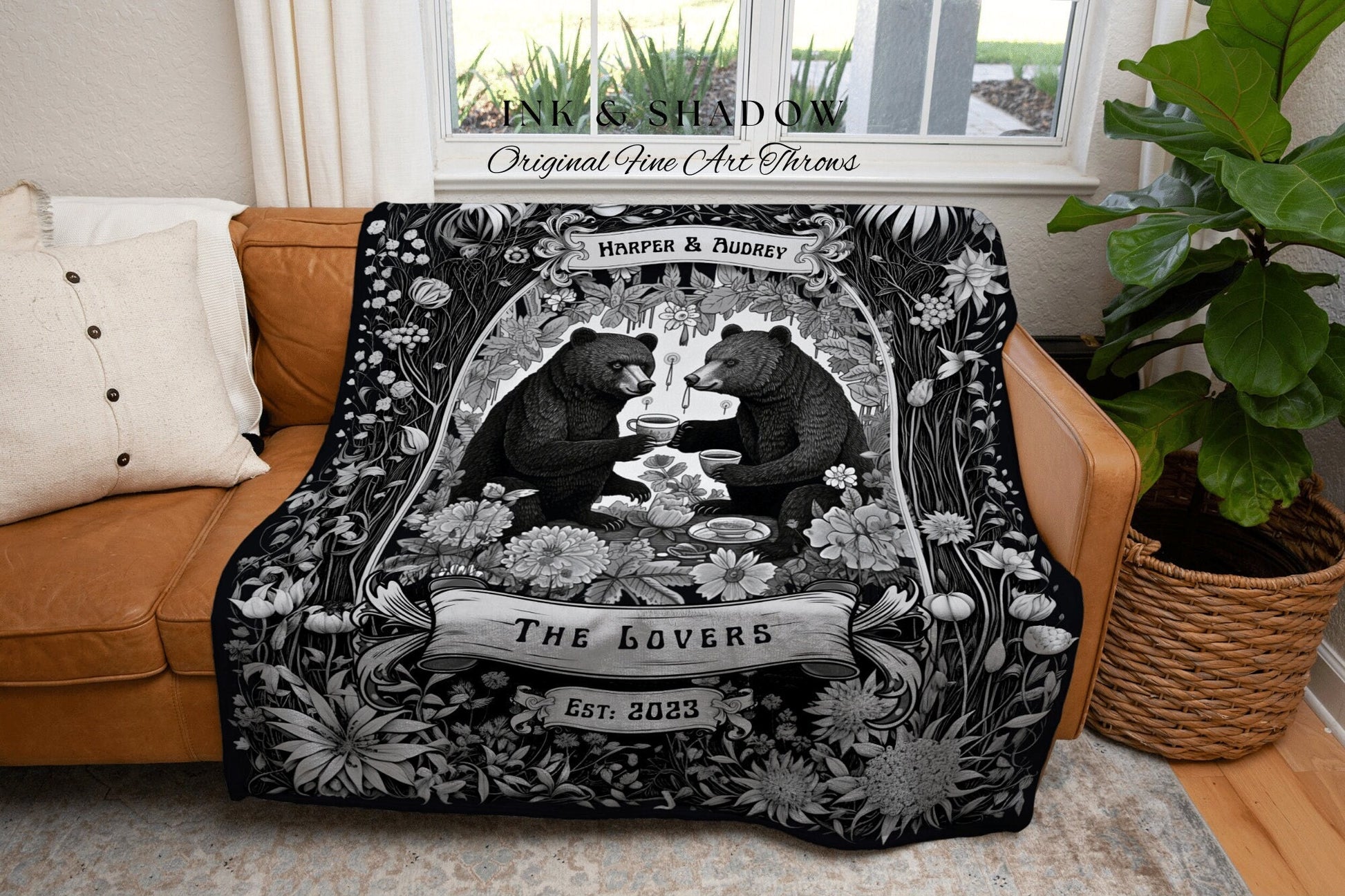 Personalized 'The Lovers' Blanket | Anniversary Custom Bear Couple Woven Throw Cute Bear Blanket Outdoorsy Couple Anniversary Gift Custom |