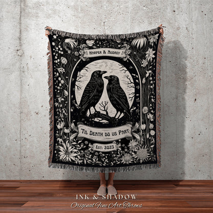 Crow Couple 'Til Death do us Part' Blanket | Custom Goth Couples Romantic Gift Tapestry Personalized Name Blanket Anniversary Gift Gothic |