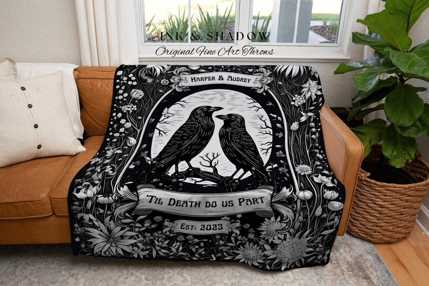 Crow Couple 'Til Death do us Part' Blanket | Custom Goth Couples Romantic Gift Tapestry Personalized Name Blanket Anniversary Gift Gothic |