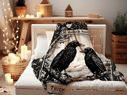 Raven Couple Custom Woven Blanket | Custom Goth Couple Gift 'Partners in Crime' Tapestry Personalized Name Blanket Anniversary Gift Gothic |