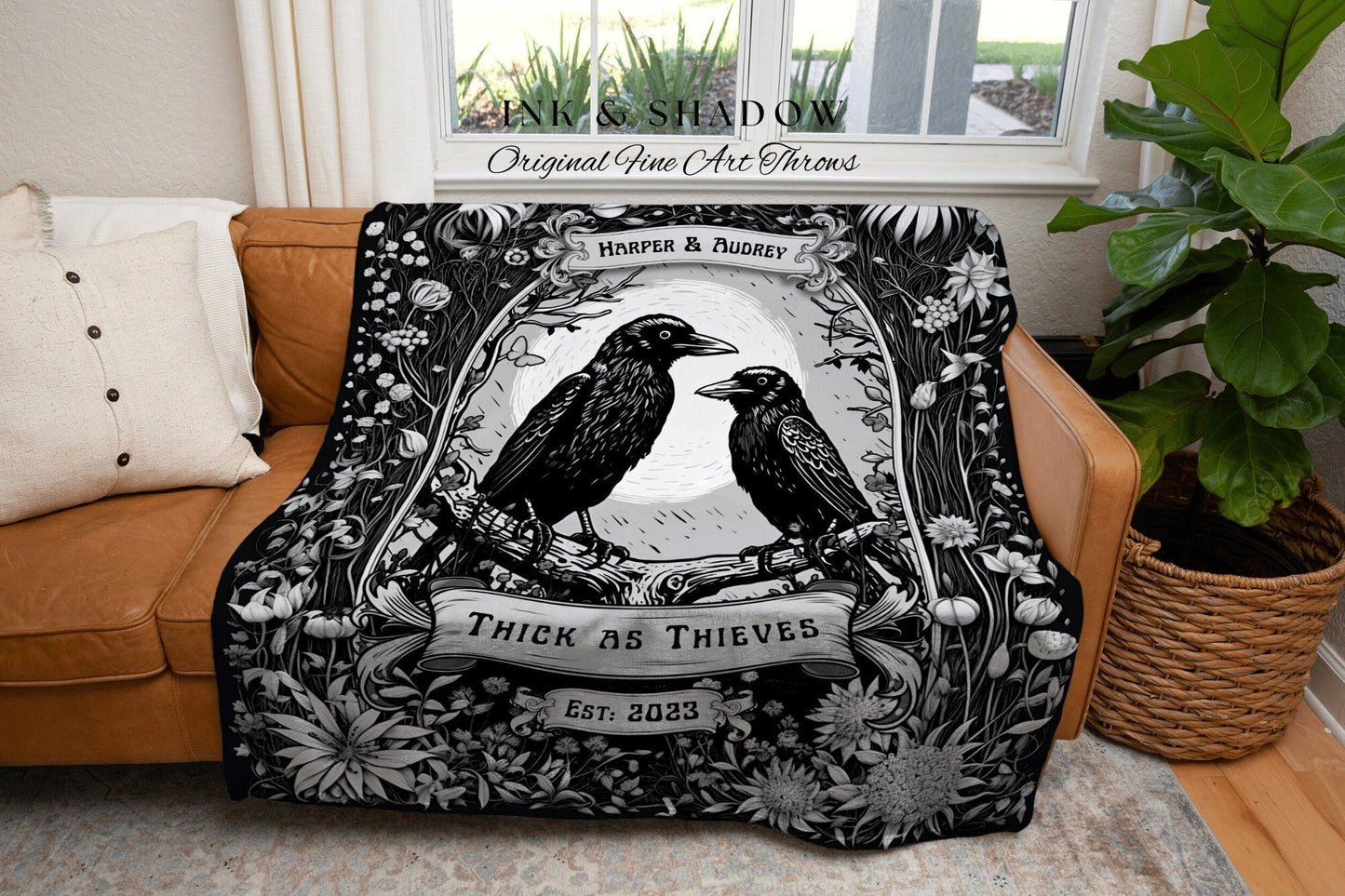 Raven Couple Custom Woven Blanket | Custom Goth Couple Gift 'Partners in Crime' Tapestry Personalized Name Blanket Anniversary Gift Gothic |