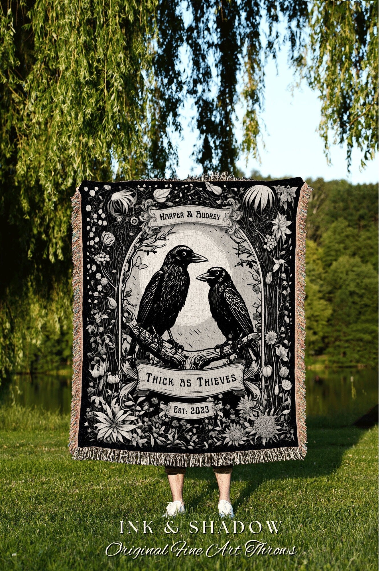 Raven Couple Custom Woven Blanket | Custom Goth Couple Gift 'Partners in Crime' Tapestry Personalized Name Blanket Anniversary Gift Gothic |