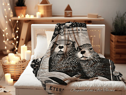 Otter Couple Custom Blanket Personalized Anniversary Gifts Custom Name Tapestry Otter Lovers Blanket Dark Cottagecore Wedding Woven Throw