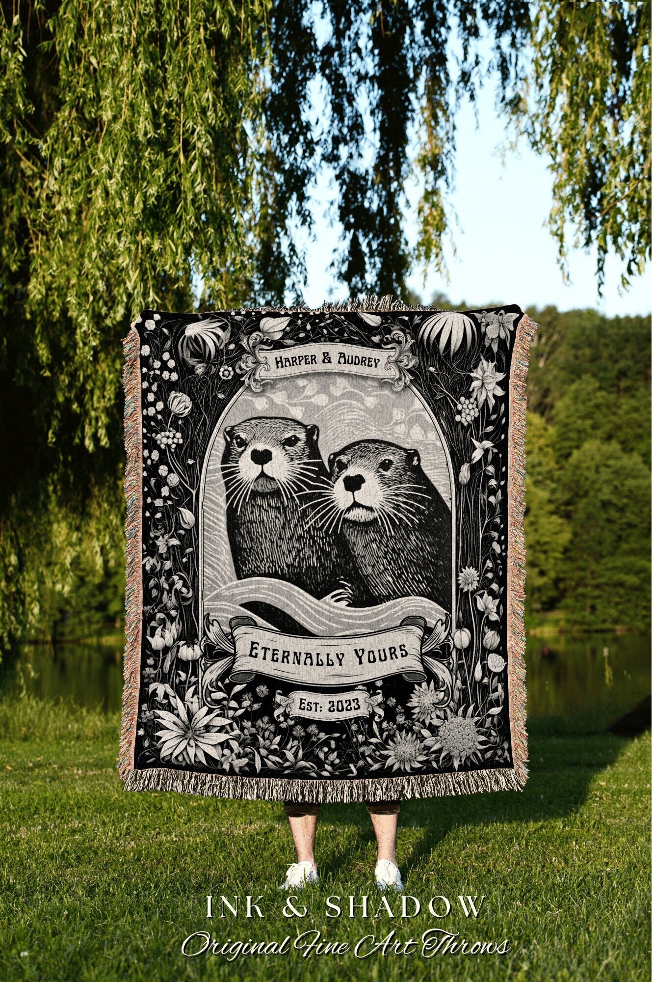 Otter Couple Custom Blanket Personalized Anniversary Gifts Custom Name Tapestry Otter Lovers Blanket Dark Cottagecore Wedding Woven Throw