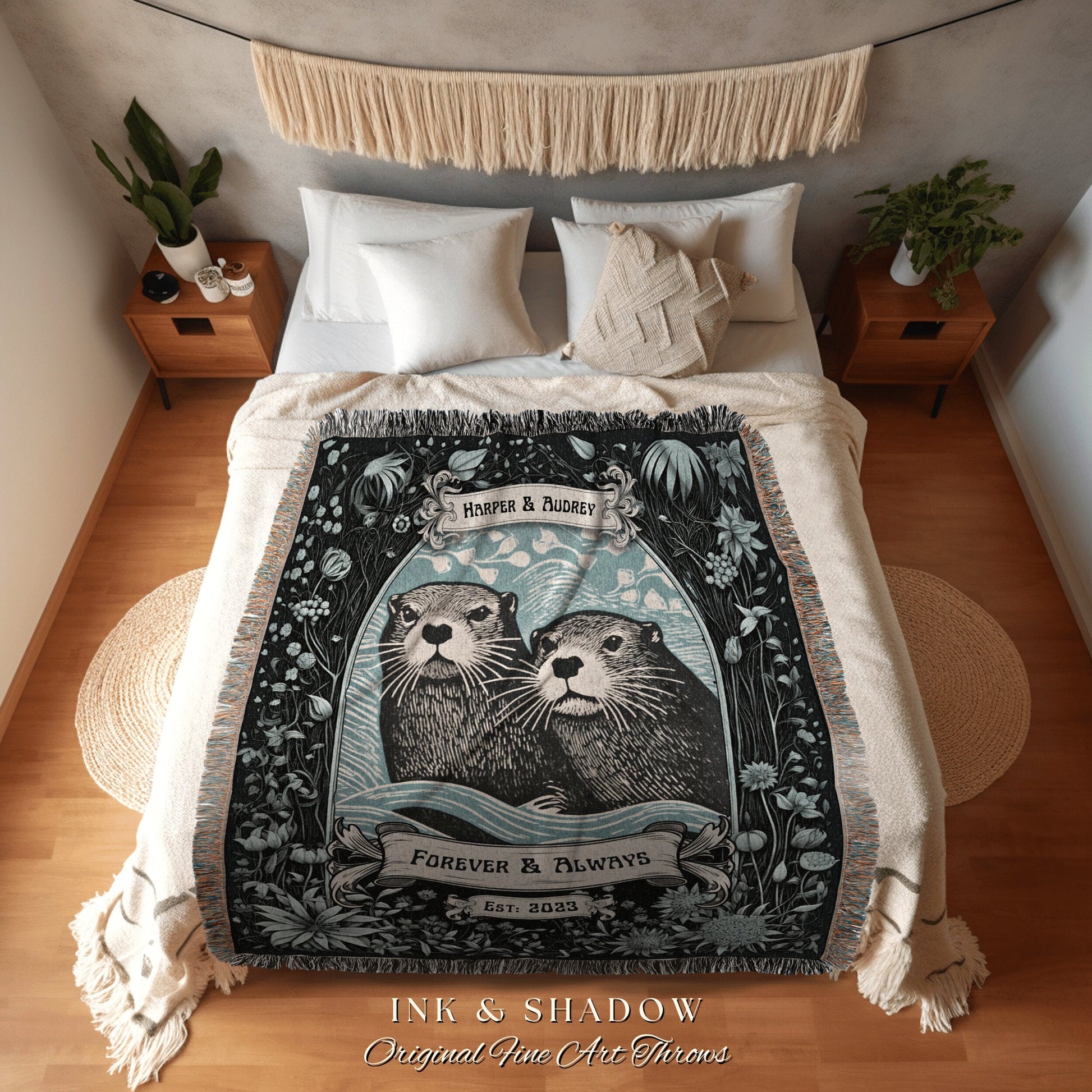 Otterly in Love Couples Blanket Woven | Name Tapestry Personalized Anniversary Gift Cotton Anniversary Blanket 'You're my Otter Half' Throw