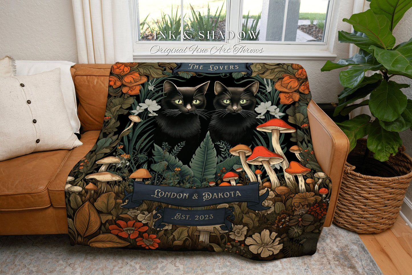 The Lovers Cat Couple Blanket | Tarot Tapestry Personalized Anniversary Gift Celestial Art Nouveau Aesthetic Custom Couples Black Cat Throw