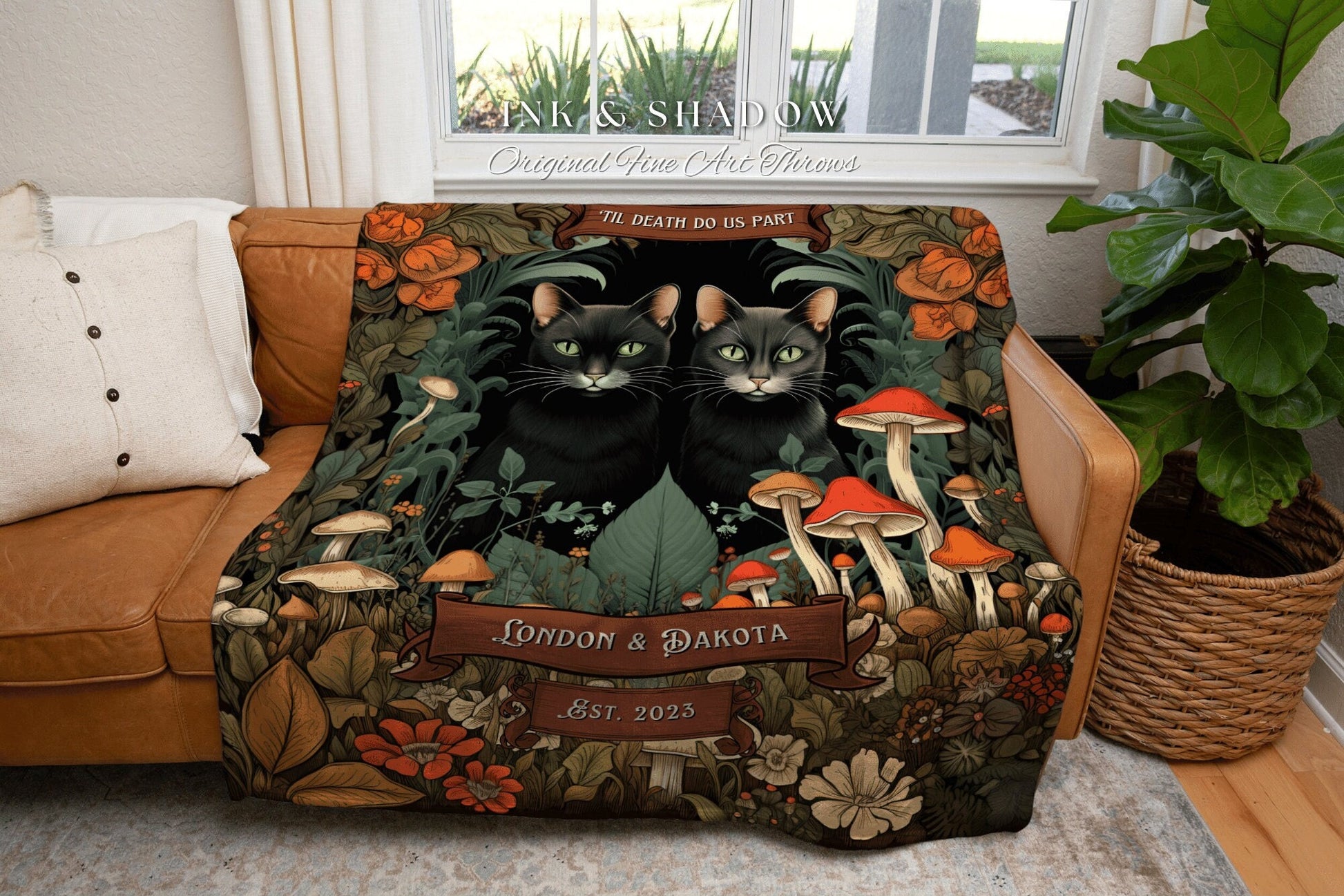 Til Death do us Part Couples Blanket | Woven Tapestry Personalized Anniversary Gift Celestial Art Nouveau Aesthetic Custom Couples Black Cat