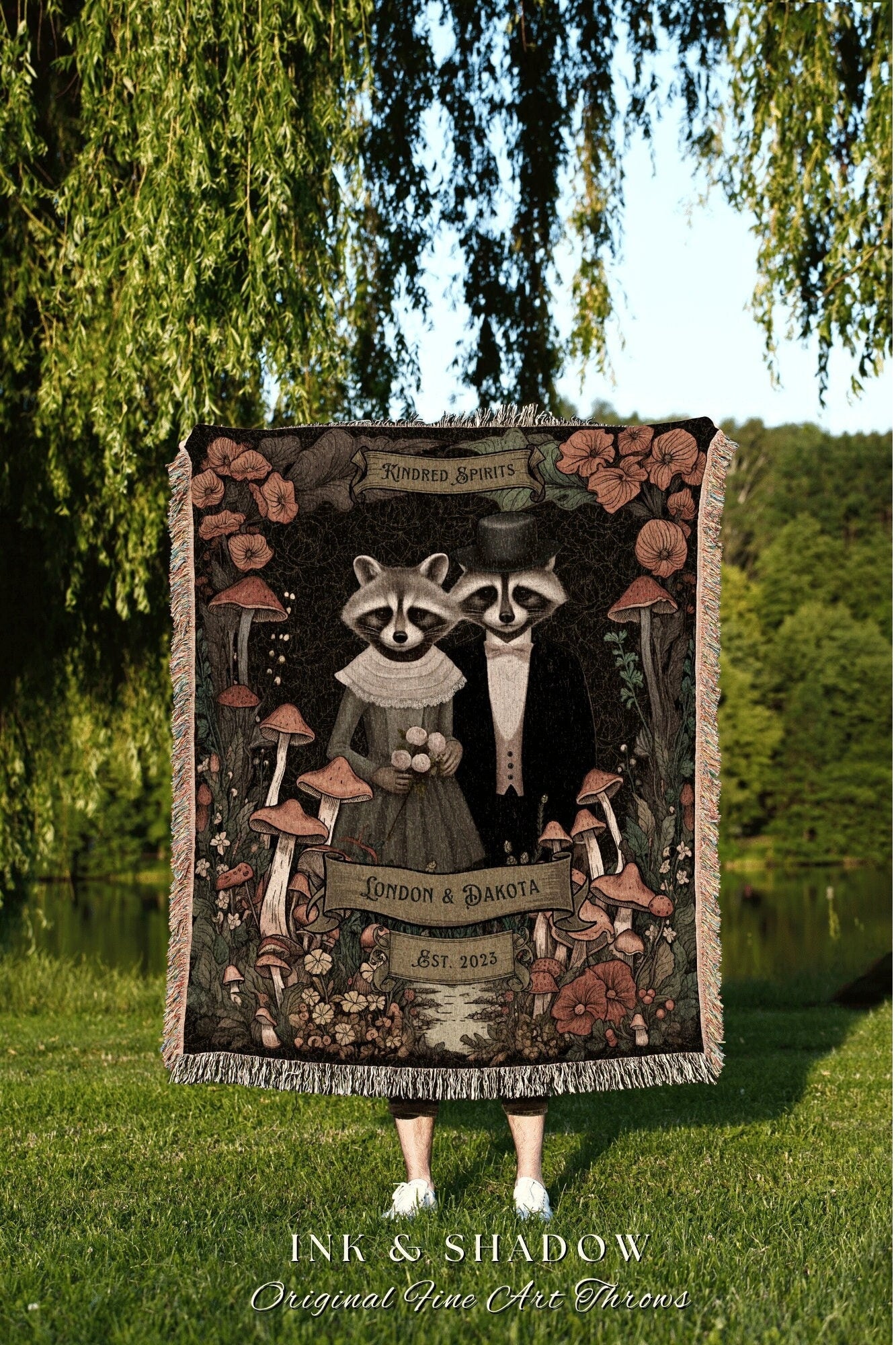 Bride and Groom Personalized Blanket | Cottagecore Couple Gothic Raccoon Blanket The Lovers Woven Tapestry Personalized Dating Anniversary |